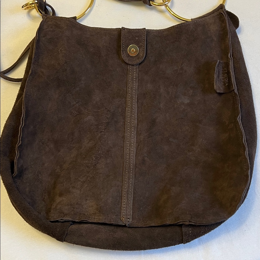 Claudia Firenze Suede Crossbody Slouchy Hobo Tote Bag Chocolate Brown Gold Ring - Picture 9 of 16